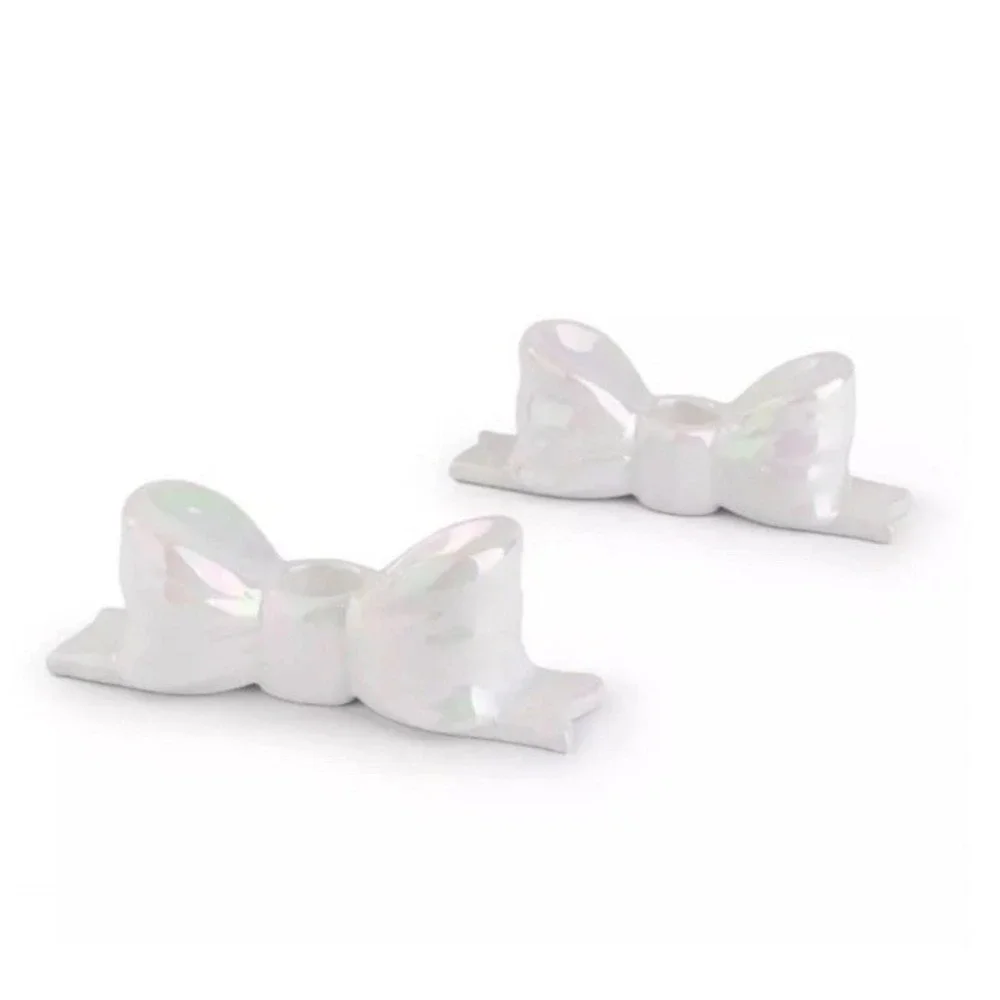 Target Bullseye's 2pk Ceramic Bow‎ Candle Holders Christmas Iridescent (NIB)